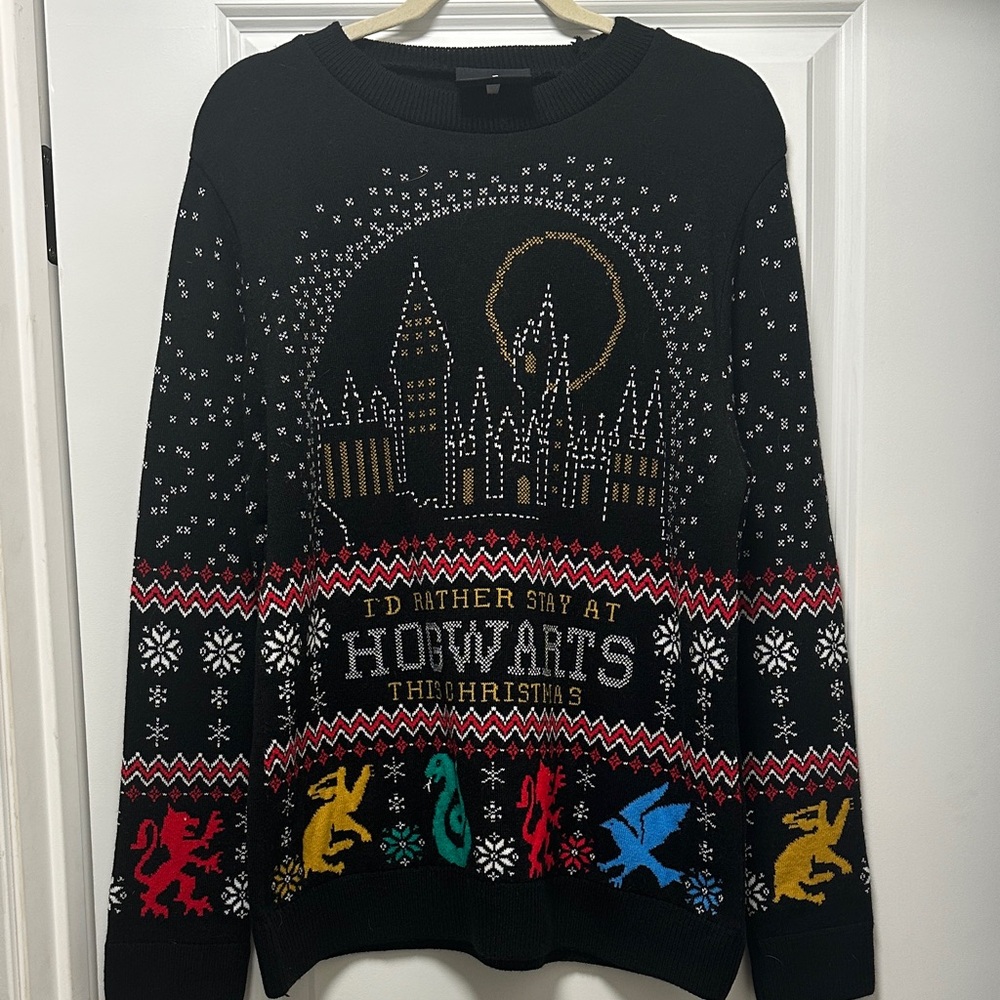 Black Hogwarts Holiday Crewneck Sweater with Multicolor House Motifs